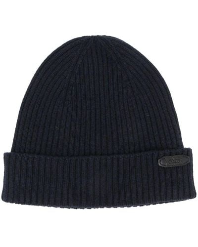 Brioni Logo-patch Ribbed-knit Beanie - Blue