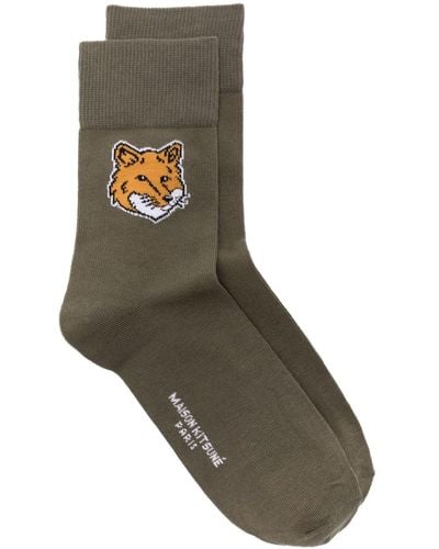 Maison Kitsuné Chillax Fox-Motif Ribbed Socks - Grey