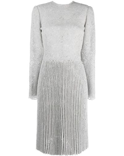 Ermanno Scervino Pleated Guipure Lace Belted Dress - Grey