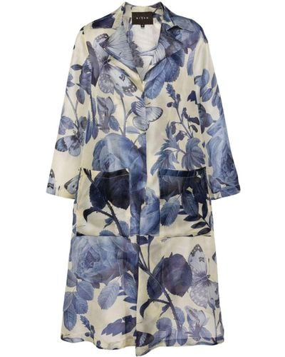 Biyan Romana Floral-print Silk Trench Coat - Blue
