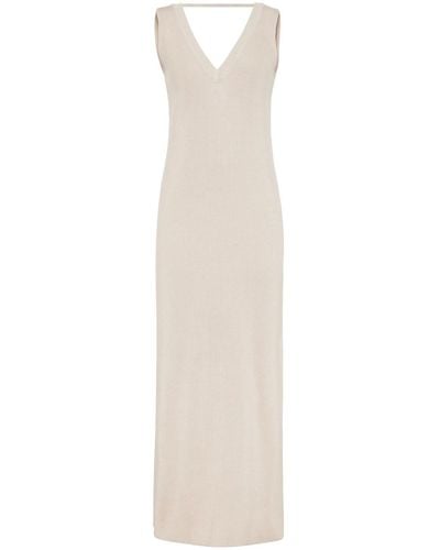 Brunello Cucinelli V-neck Ribbed Maxi Dress - White