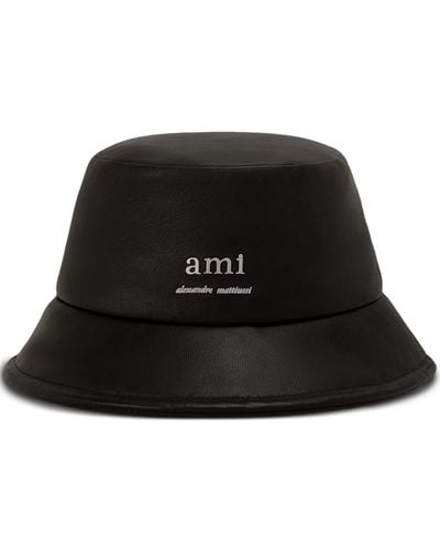 Ami Paris Leder-Fischerhut mit Logo-Schild - Schwarz