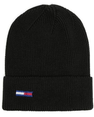 Tommy Hilfiger Flag-embroidered Ribbed-knit Beanie - Black