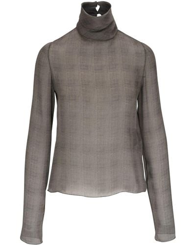 Saint Laurent Checked Silk Top - Gray