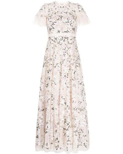 Needle & Thread Floral-embroidered Short-sleeve Gown - Natural