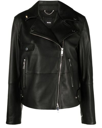 BOSS Engraved-logo Leather Biker Jacket - Black
