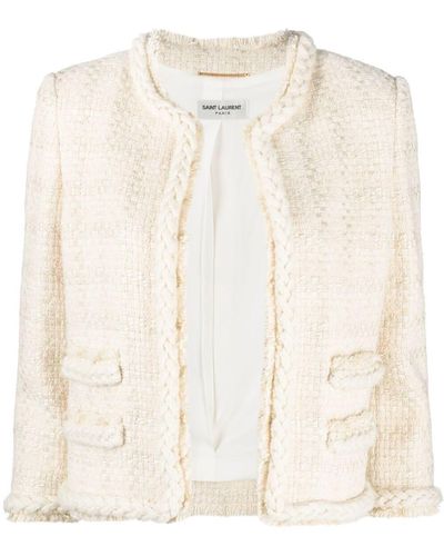 Saint Laurent Giacca corta bianca in tweed di lana e seta a quadri - Bianco