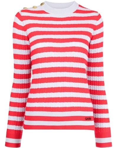 Ganni Striped Cable Knit Sweater - Red