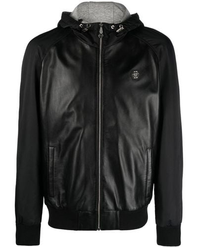 Philipp Plein K-way Leather Hooded Jacket - Black