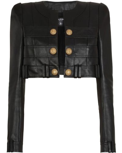 Balmain Cropped Leather Jacket - Black