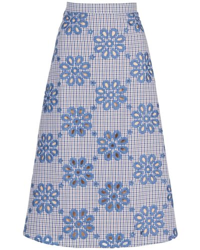 Silvia Tcherassi Bianca Floral-embroidered Organic-cotton Skirt - Blue