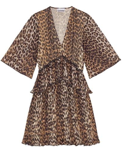 Ganni Leopard Print Mini Dress - Brown