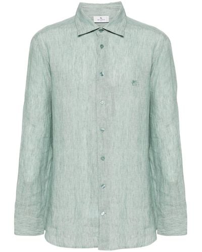 Etro Pegaso-Embroidered Linen Shirt - Green