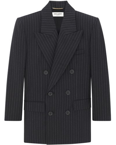 Saint Laurent Striped Double-breasted Wool Blazer - Blue