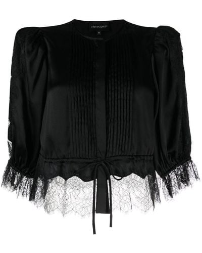 Cynthia Rowley Lace-trim Silk Peplum Blouse - Black