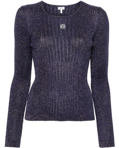 Loewe Anagram-embroidered Lurex Ribbed Sweater - Blue