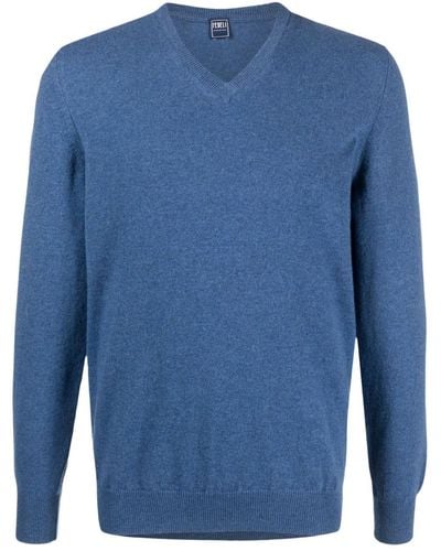Fedeli V-neck.cashmere Sweater - Blue