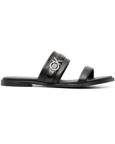 Calvin Klein Logo-lettering Flat Leather Sandals - Black