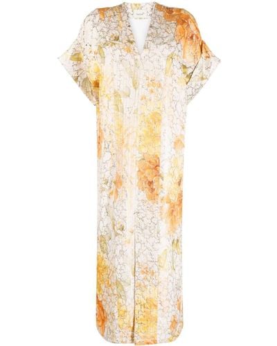 Bambah Floral-print Marbled Kaftan Dress - Metallic