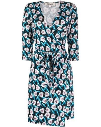 Diane von Furstenberg Robe courte en soie à fleurs - Bleu