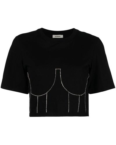 Sandro Cropped-T-Shirt mit Kristallen - Schwarz