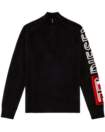 DIESEL Pullover mit halbem Reißverschluss und Peel-Off-Logo-Intarsie - Schwarz