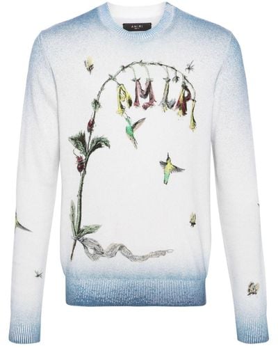 Amiri Hummingbird-embroidered Cotton Sweater - Grey