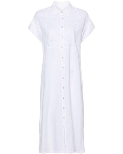 120% Lino Broderie-anglaise Midi Shirt Dress - White