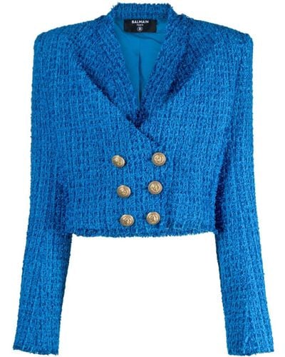 Balmain Double-breasted Cropped Tweed Jacket - Blue