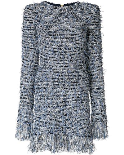 Balmain Fringed Bouclé-knit Mini Dress Sky Blue