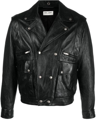 Saint Laurent Crinkled-effect Biker Leather Jacket - Black
