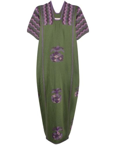 Pippa Holt Embroidered Cotton Midi Dress - Green