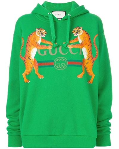 Gucci Tiger Print Logo Hoodie - Green