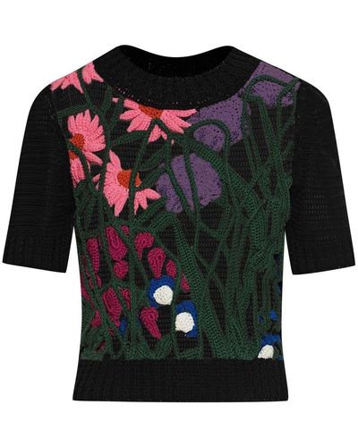 Oscar de la Renta Floral-embroidered Knitted Top - Black