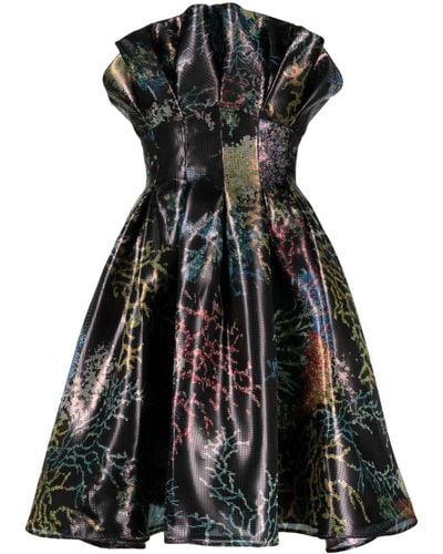 Amsale Coral-print Lurex A-line Dress - Black