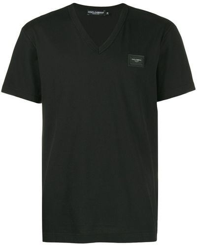 Dolce & Gabbana T-shirt à encolure en v en coton avec plaquette à logo - Schwarz
