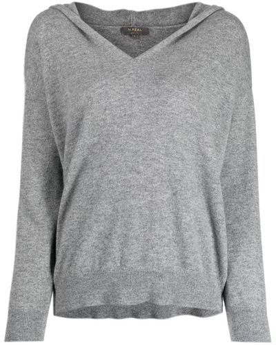 N.Peal Cashmere V-neck Fine-knit Hooded Top - Grey