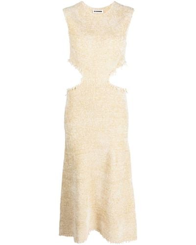 Jil Sander Cutout Frayed Silk-cotton Blend Midi Dress - Natural