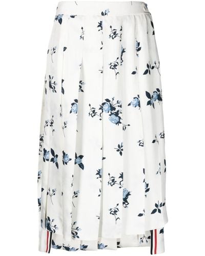Thom Browne Floral-print Silk Pleated Skirt - White