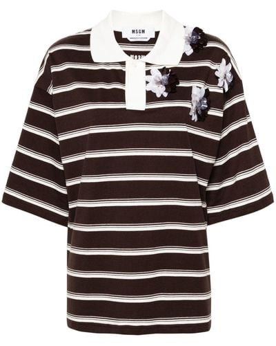 MSGM Striped Cotton Polo Shirt With Applied Flowers - Black