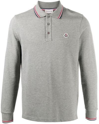Moncler Logo Patch Stripe Detail Polo Shirt - Gray