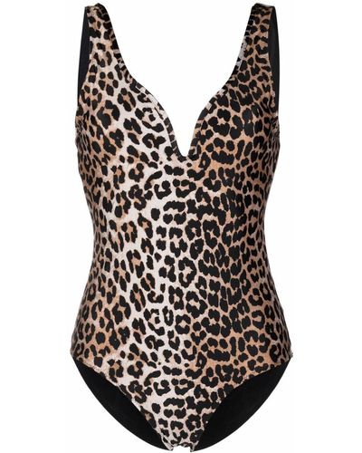 Ganni Leopard-print Swimsuit - Brown