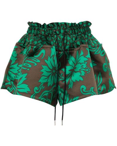 Sacai Floral-print Flared Shorts - Green