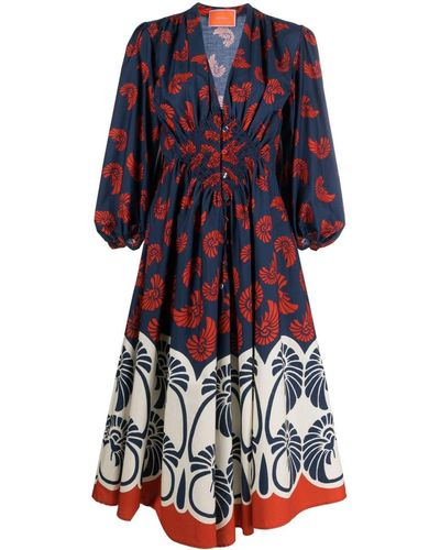 La DoubleJ Camerino Smocked Printed Cotton Midi Dress - Blue