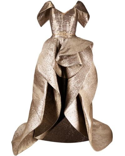 Saiid Kobeisy Metallic-effect Brocade Ruffled Dress - Brown