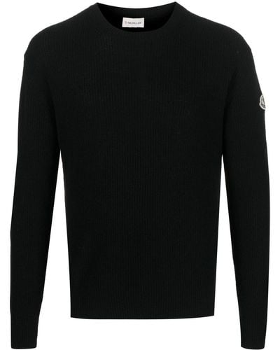 Moncler Gerippter Pullover mit Logo-Patch - Schwarz