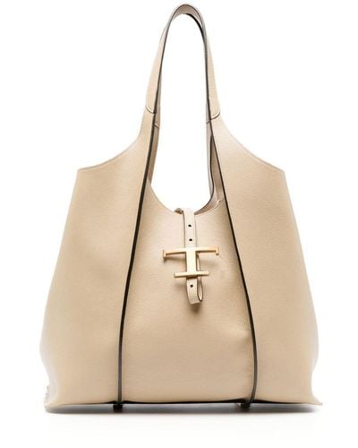 Tod's T Timeless Shopping Bag In Beige Leather - Natural