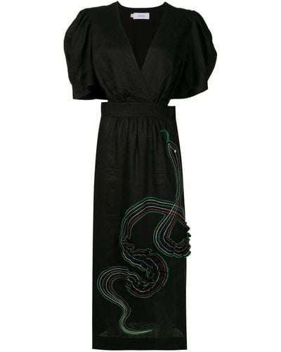 Isolda Lina Embroidered-motif Puff-sleeve Dress - Black