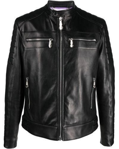 Philipp Plein Iconic Plein Leather Biker Jacket - Black