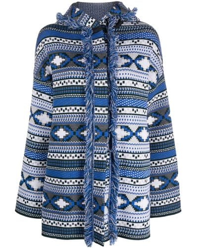 Charlott Fringed Intarsia-knit Wool Cardi-coat - Blue